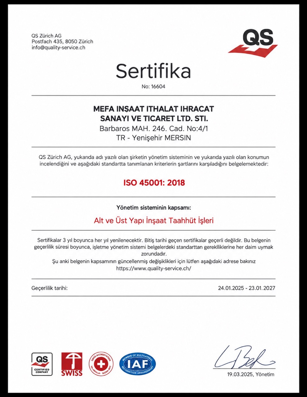 ISO 45001:2018 İş Sağlığı ve Güvenliği Yönetim Sistemi
