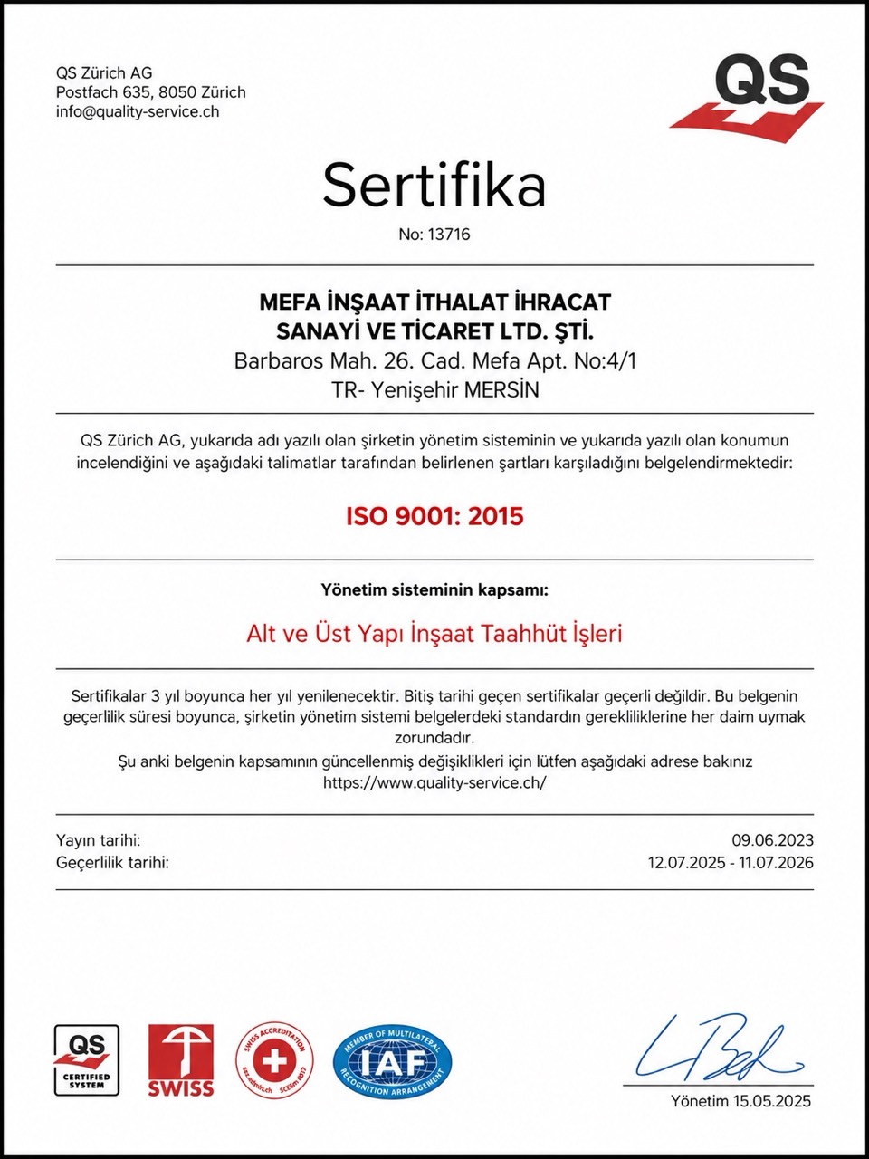 ISO 9001:2015 Kalite Yönetim Sistemi